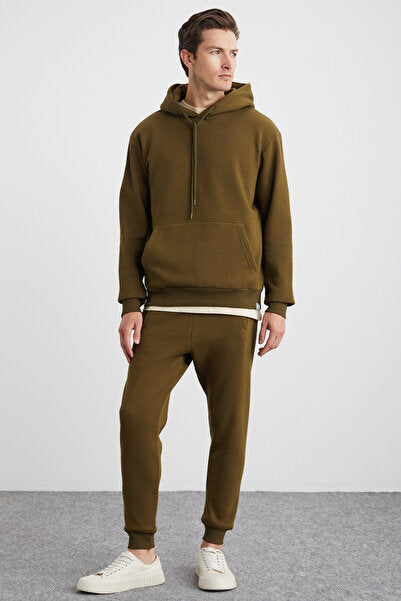 Hakone Men's Organic Cotton Fleece Inside Ribbed Pocket Jogger Khaki Sweatpants