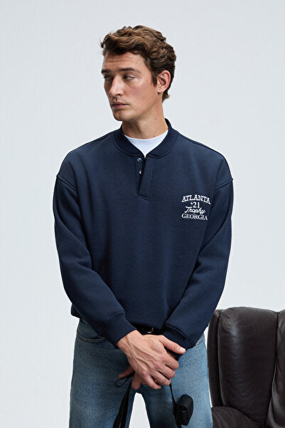 JETHRO Men's Bomber Collar Plaid Buttoned Chest Embroidered Relaxed Fit Navy Blue Sweatshirt