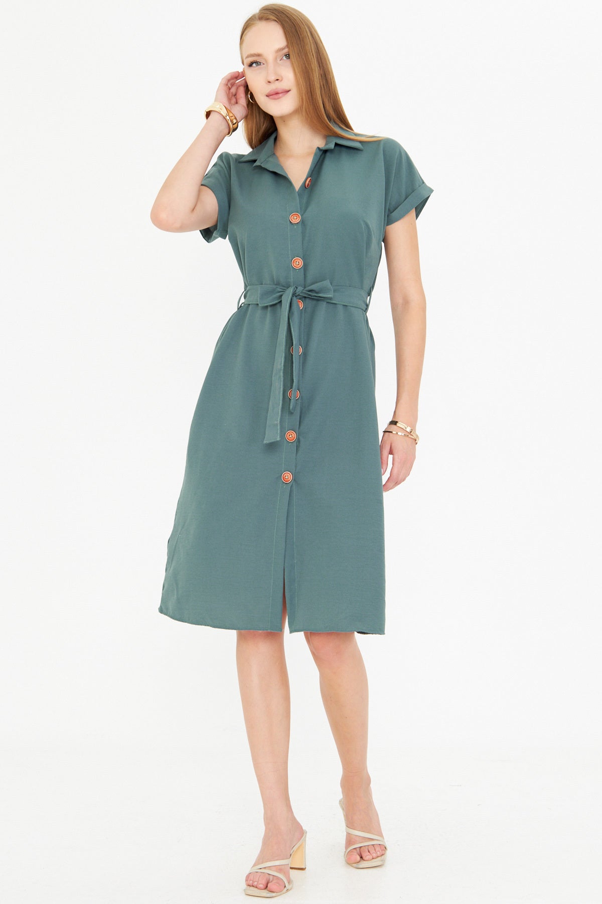 Women's Turquoise Waist Belted Short Sleeve Shirt Dress ARM-25Y001065