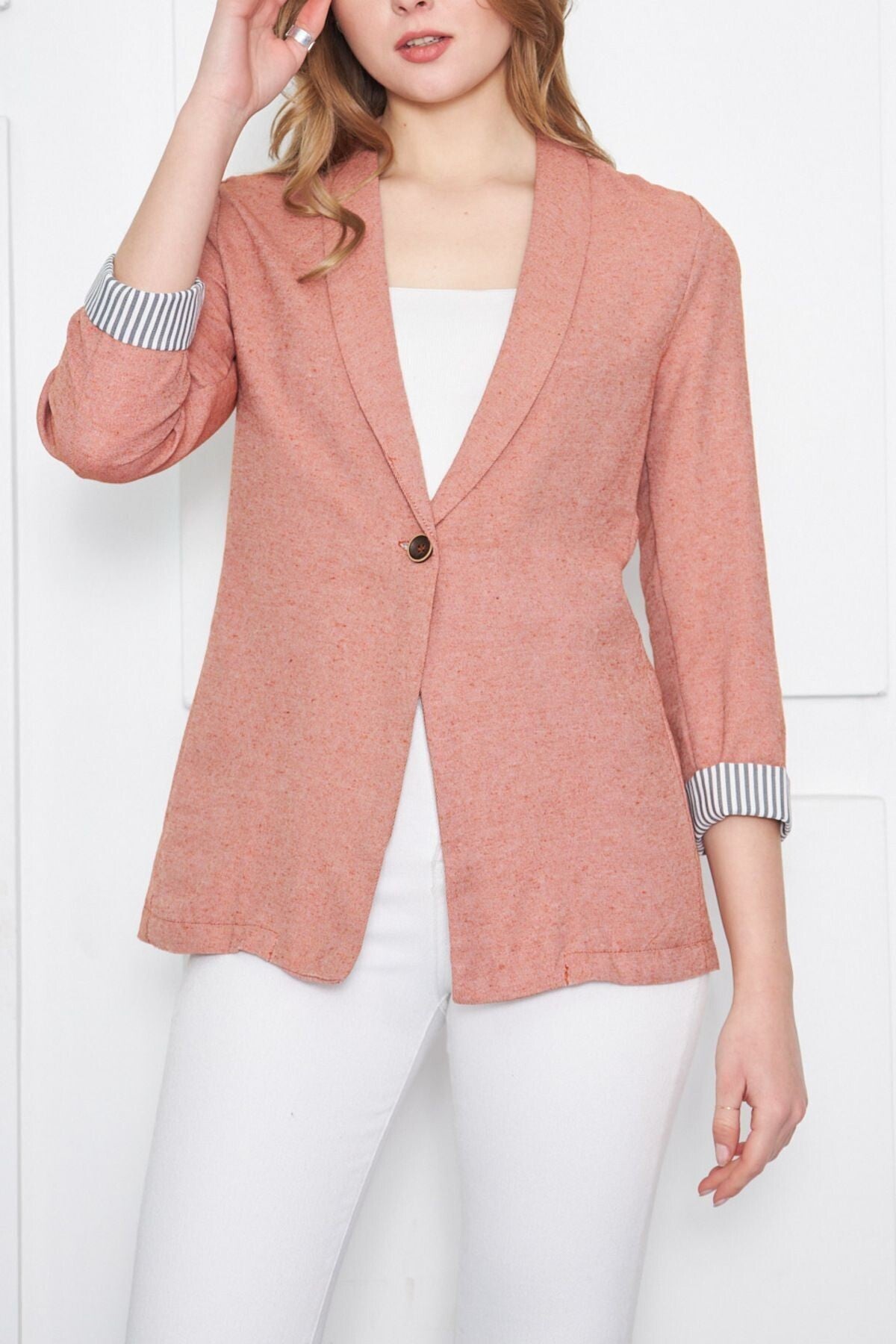 Women's Tile Sleeve Striped Single Button Jacket ARM-22K001122