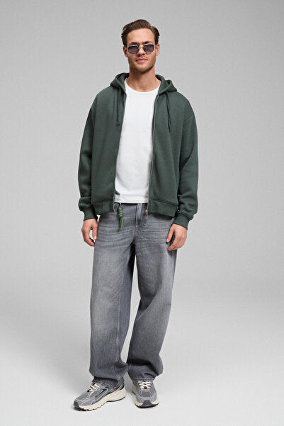 ASHBY Men's Hooded Zippered Pocket Corded Boxy Green Sweatshirt