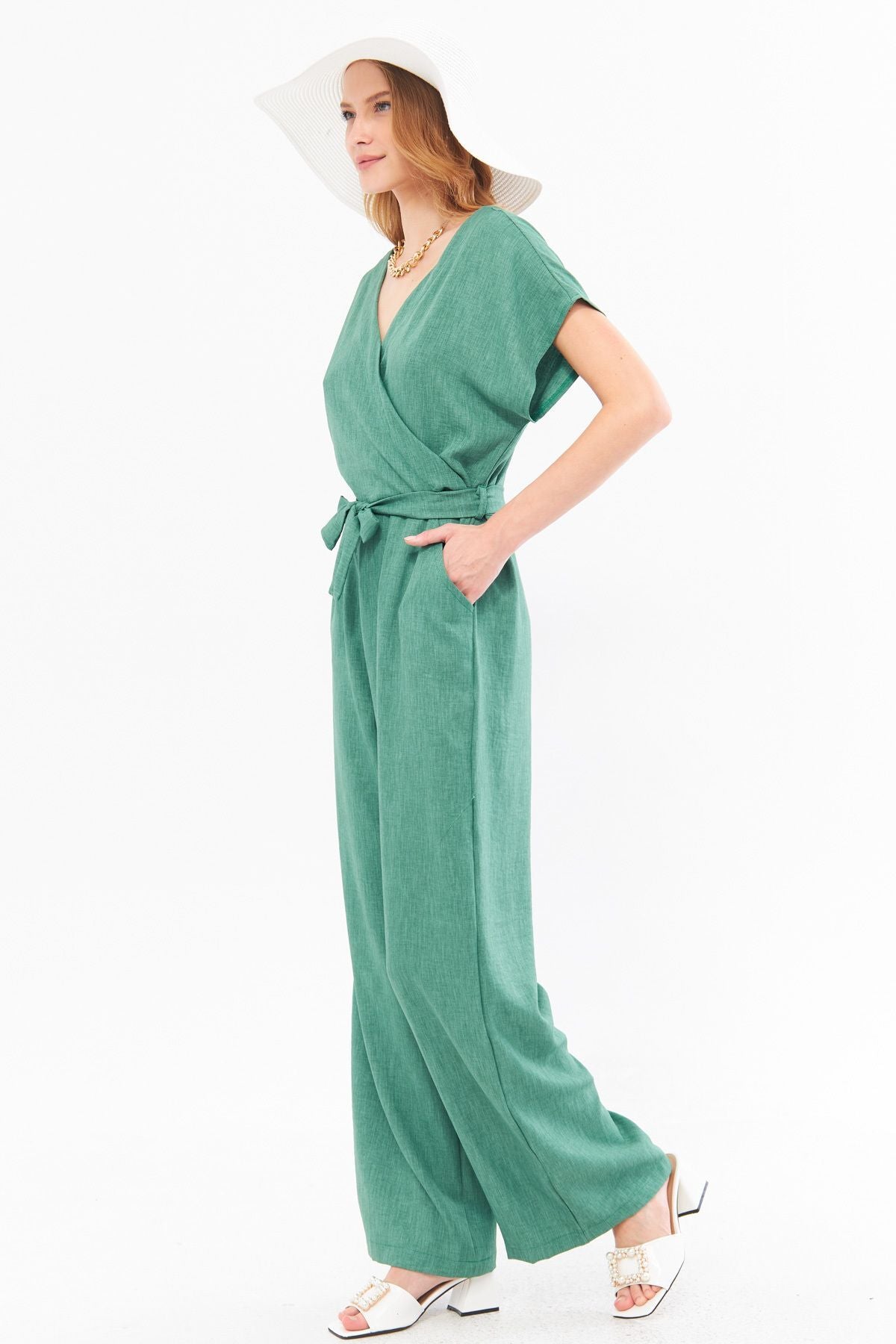 Women's Green Double Breasted Collar Back V Detailed Pocket Belted Wide Leg Jumpsuit ARM-24Y001073