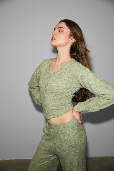 CLARITA Women's Soft and Flexible Fabric Buttoned Crop Green Cardigan