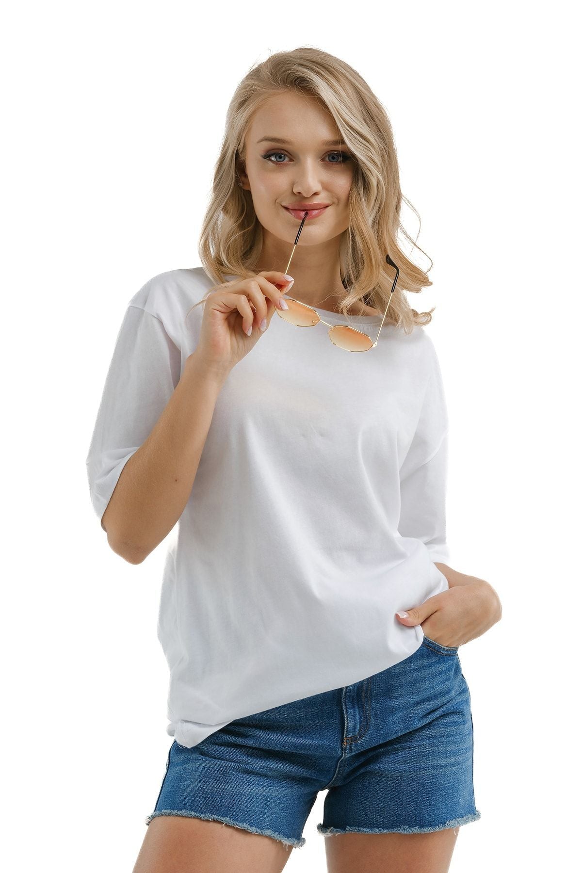 Women's White Round Collar Oversize T-shirt Arm-23y012001