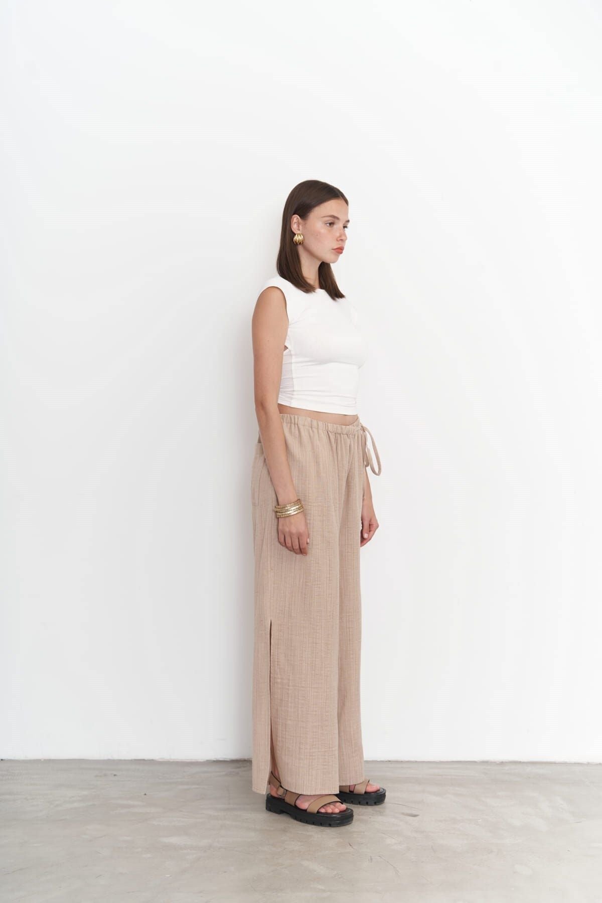 Harmony Side Tie Beige Trousers