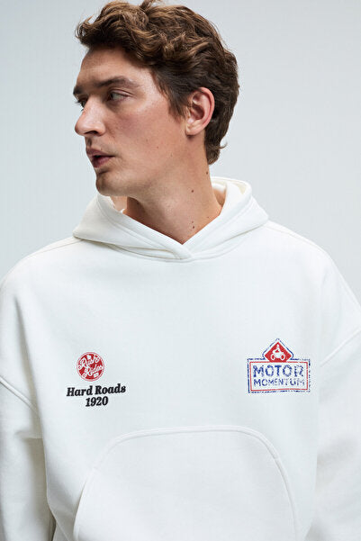 ABISMO Men's Hooded Kangaroo Pocket Sleeves and Back Printed Relaxed Fit White Sweatshirt