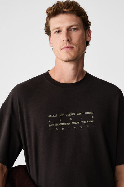 ANGLES Men's 100% Organic Cotton Printed Crew Neck Oversize Bitter Brown T-Shirt