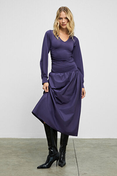 YOKEND Women's V-Neck Puff Detailed Flexible Fabric Skirt Poplin Purple Dress