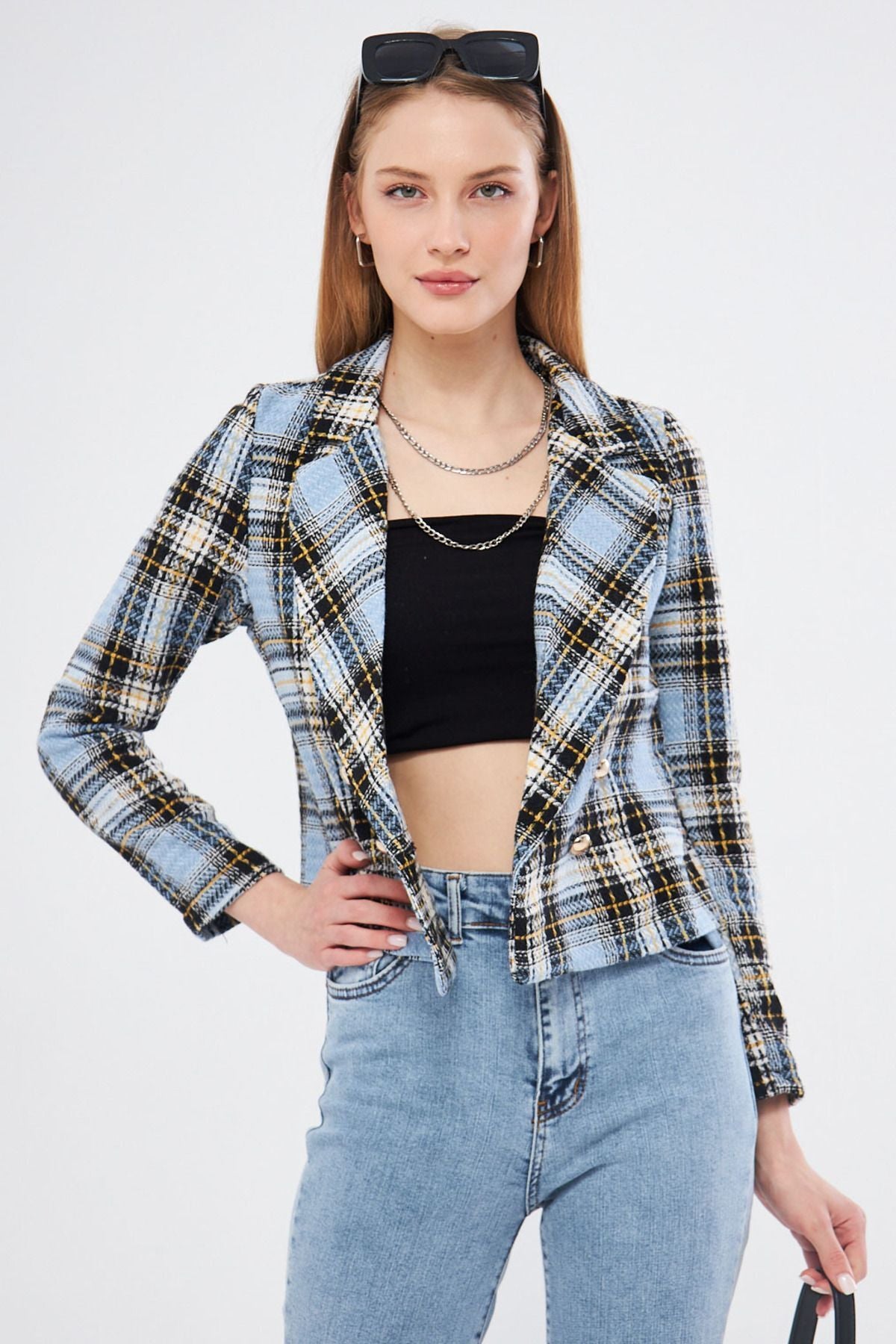 Women's Baby Blue Double Breasted Collar Tweed Crop Jacket ARM-24K001014