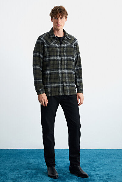 Allenı Men's Cotton Shirt Collar Relaxed Lumberjack Khaki Shirt