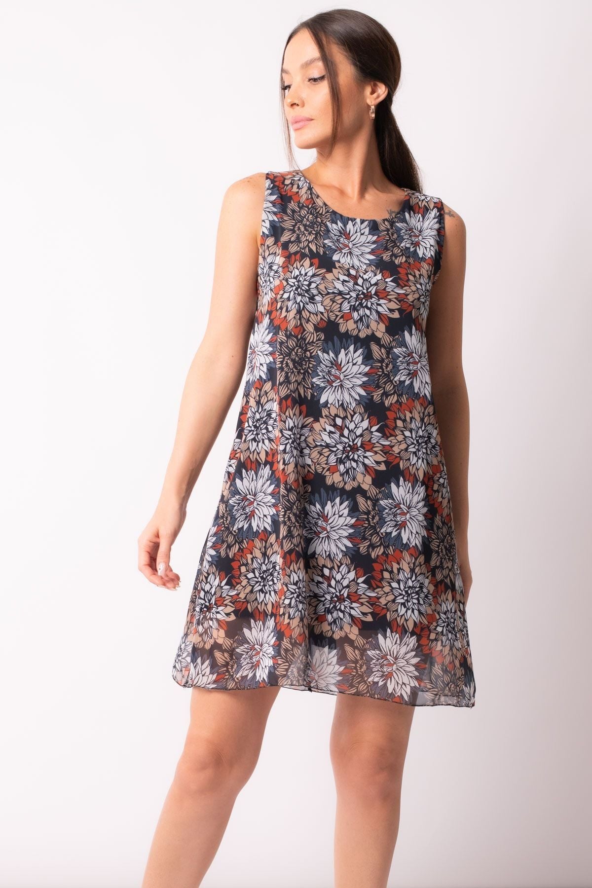 Women's Tile Patterned Lined Chiffon Dress ARM-22Y001132