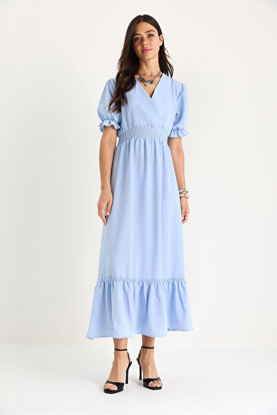 Women's Double Breasted Collar Waist Gipe Detailed Sleeves Elastic Dress 5246 60281076