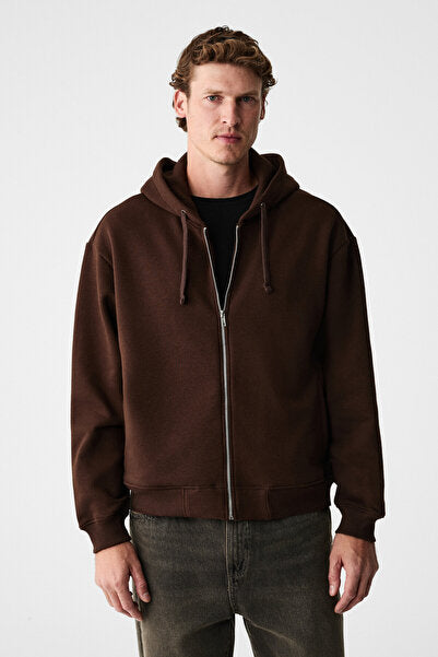 ASHBY Men's Hooded Zipper Pocket Cord Boxy Mold Bitter Brown Sweatshirt