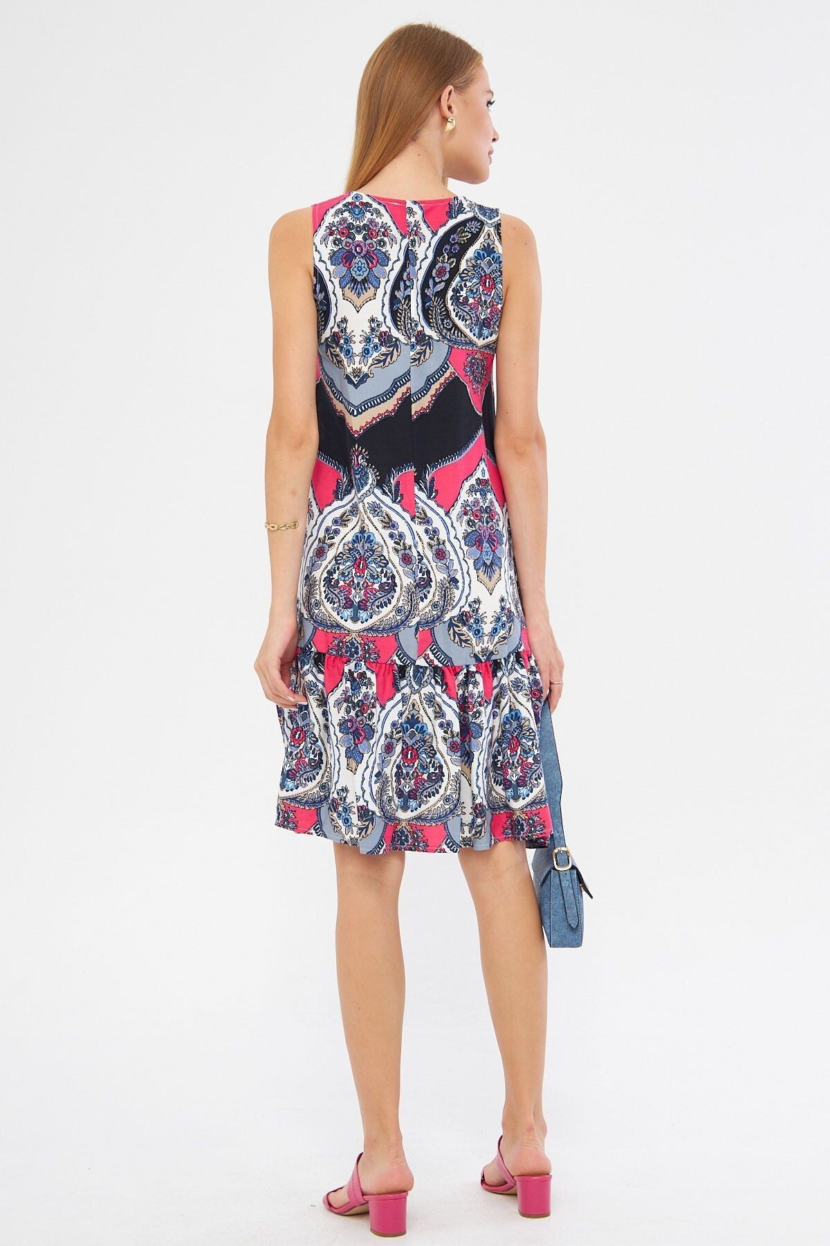 Women's Fuchsia Patterned Sleeveless Skirt Frilly Dress ARM-22K001142