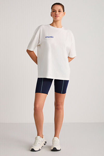 Arcadia Women's 100% Organic Cotton Ecru/blue T-shirt with Text Detail on Back and Front