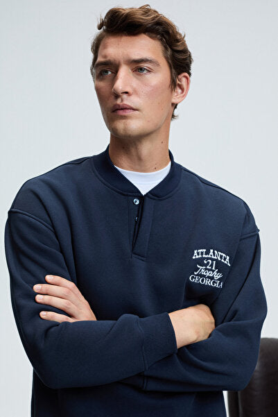 JETHRO Men's Bomber Collar Plaid Buttoned Chest Embroidered Relaxed Fit Navy Blue Sweatshirt