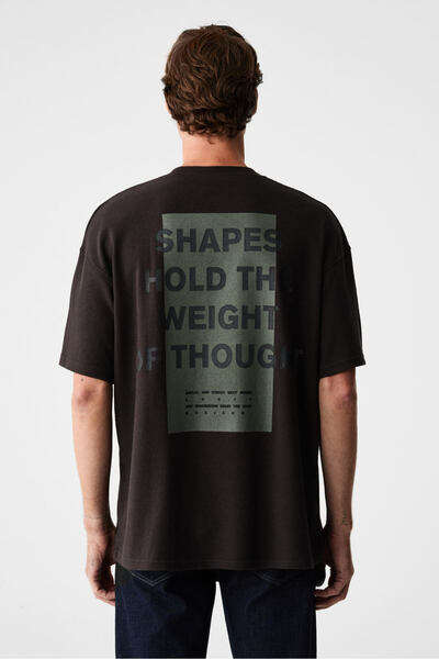 ANGLES Men's 100% Organic Cotton Printed Crew Neck Oversize Bitter Brown T-Shirt