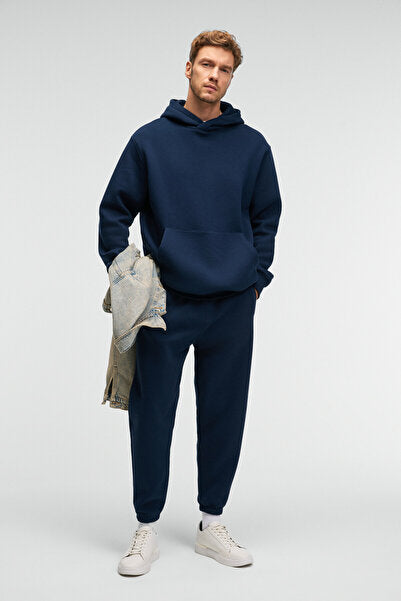 ANSEL Men's Elastic Slim Leg Three-Pocket Soft Organic Cotton Navy Blue Sweatpants