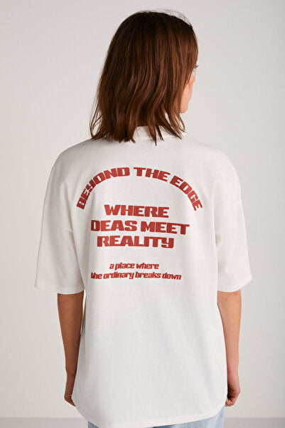 Arcadia Women's 100% Organic Cotton Ecru/red T-shirt with Text Detail on the Back and Front