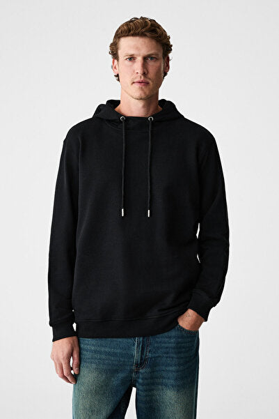ALESSIO Men's 100% Cotton Hooded Cord Detailed Oversize Fit Black Sweatshirt