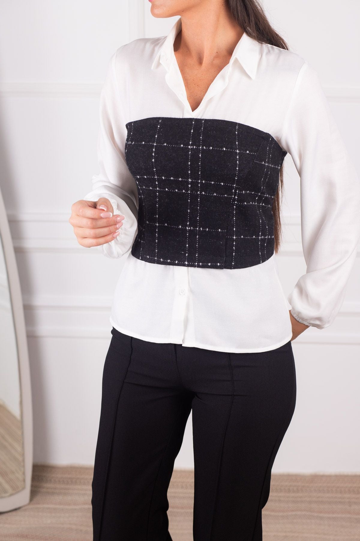 Women's White Corset Detailed Gathered Waist Long Sleeve Shirt ARM-24K001012