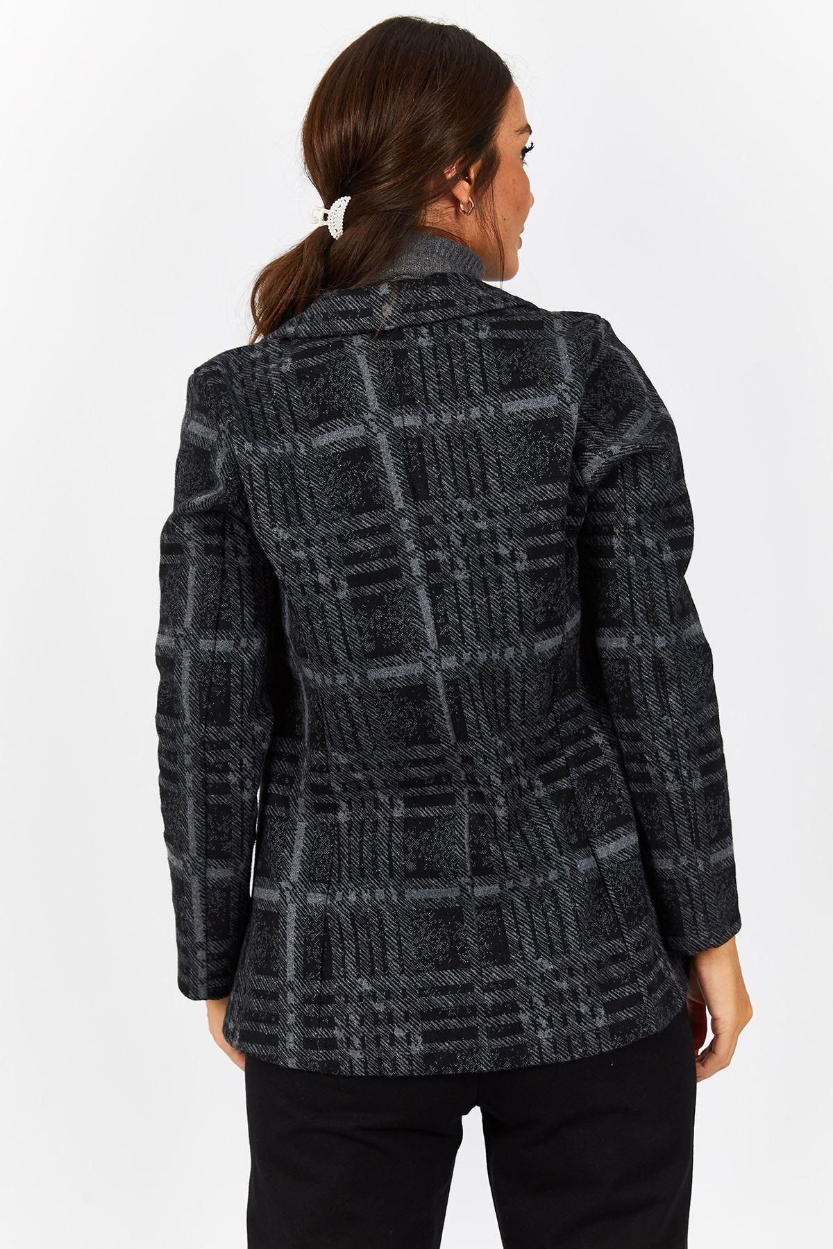 Women's Anthracite Plaid Pattern Single Button Jacket Arm-22Y001163