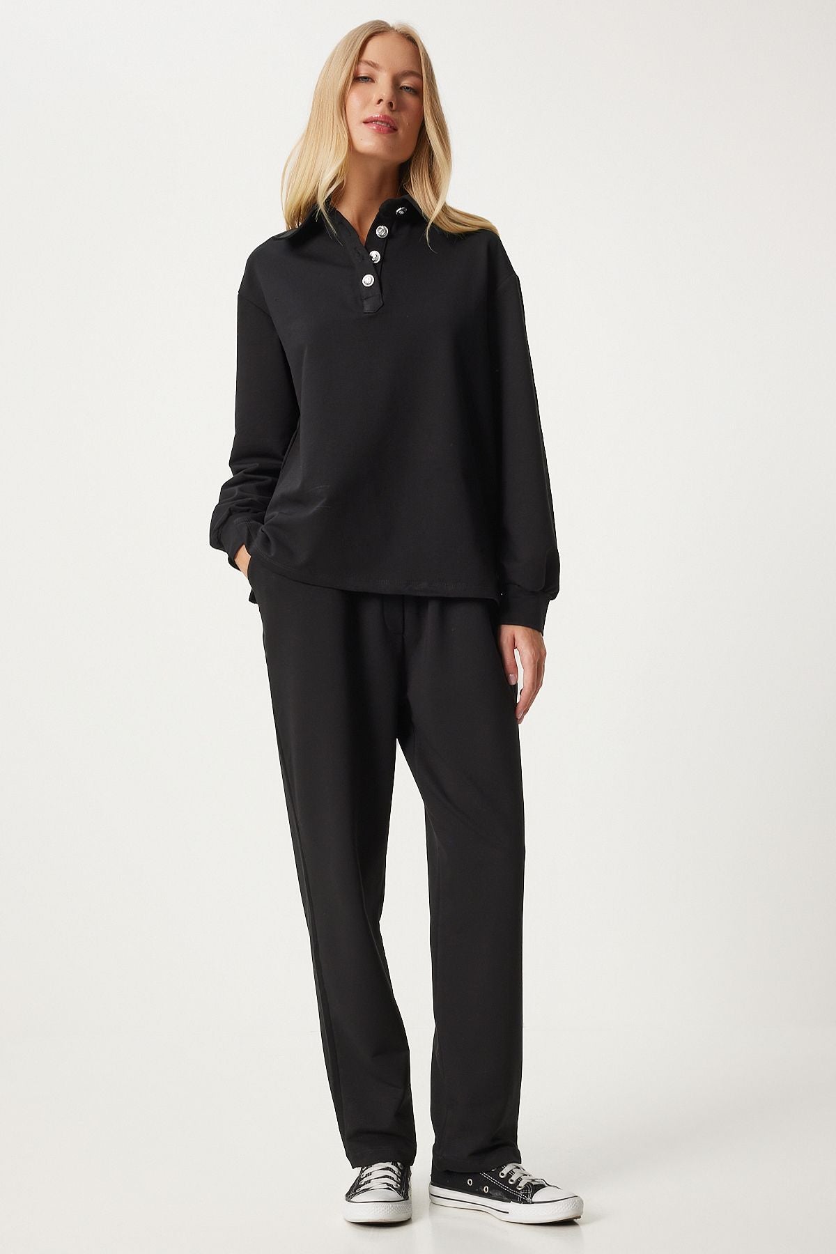 Women's black polo collar top knit tracksuit team FN03295