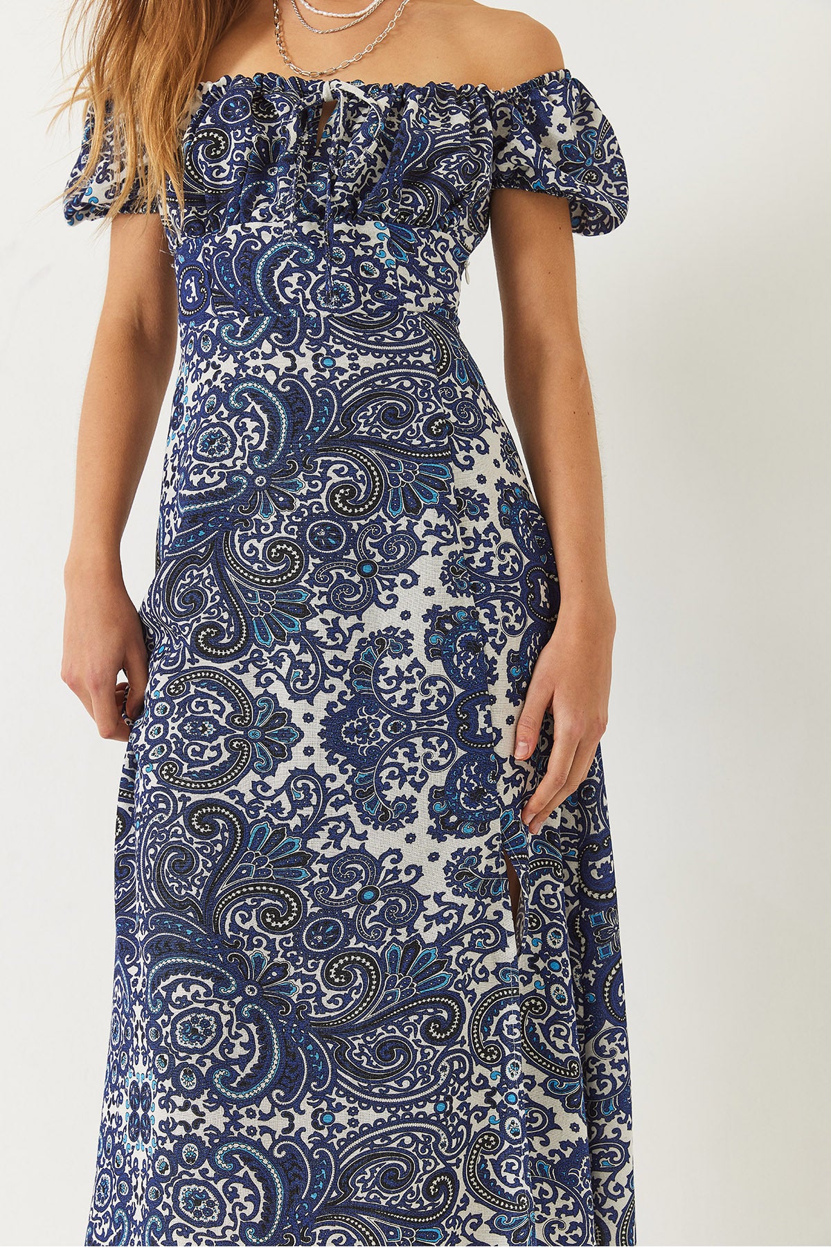 Women's Tie Collar Slit Detailed Patterned Midi Dress 60261478