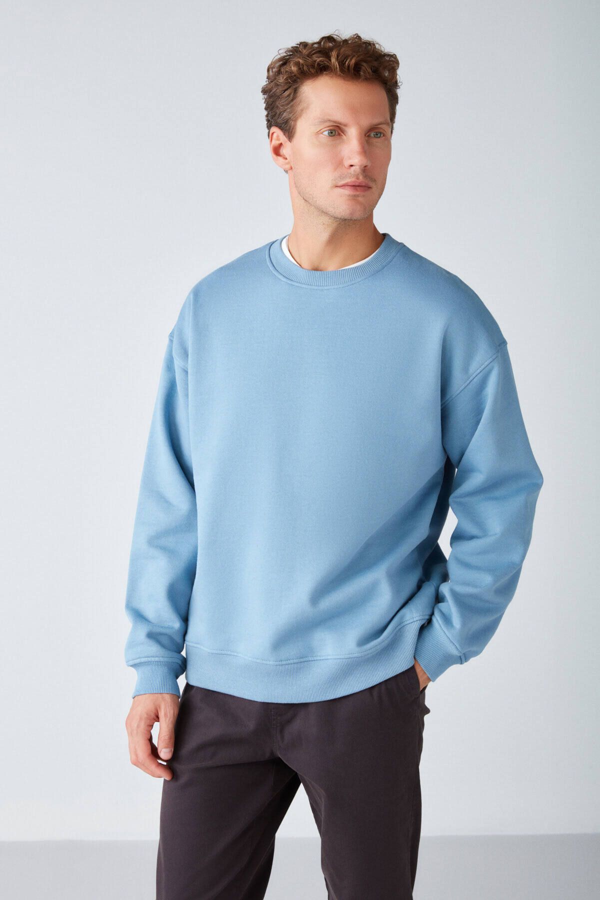 Stephan Men's soft winter fabric 3 -tie organic cotton knitted oversiz blue sweatshirt