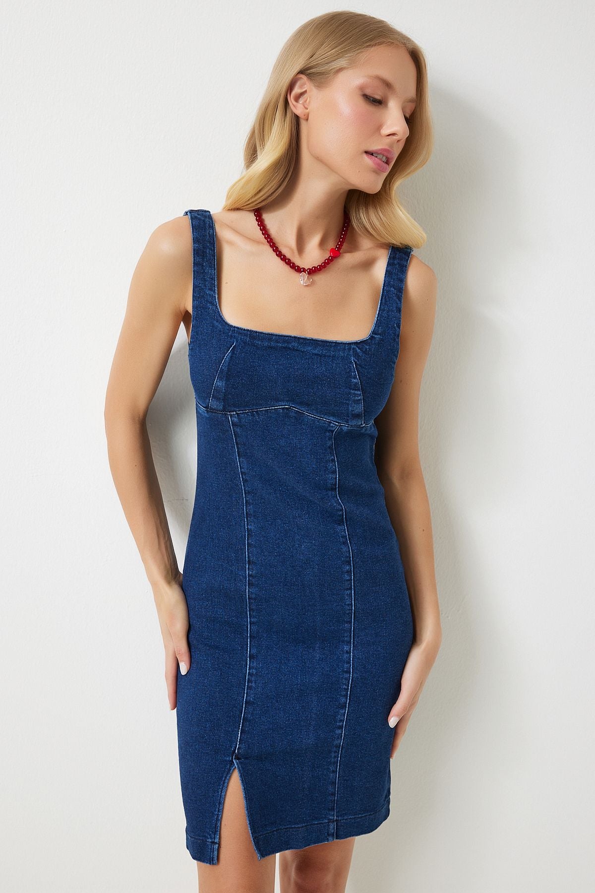 Women's Blue Square Neckline Lycra mini denim dress kq00003