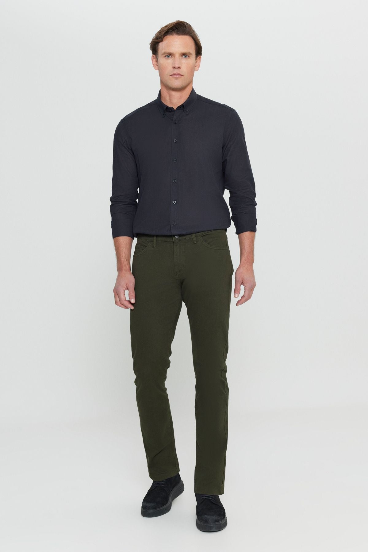 Men's Khaki Slim Fit Narrow Cut 5 pocket cotton canvas flexible chino pants