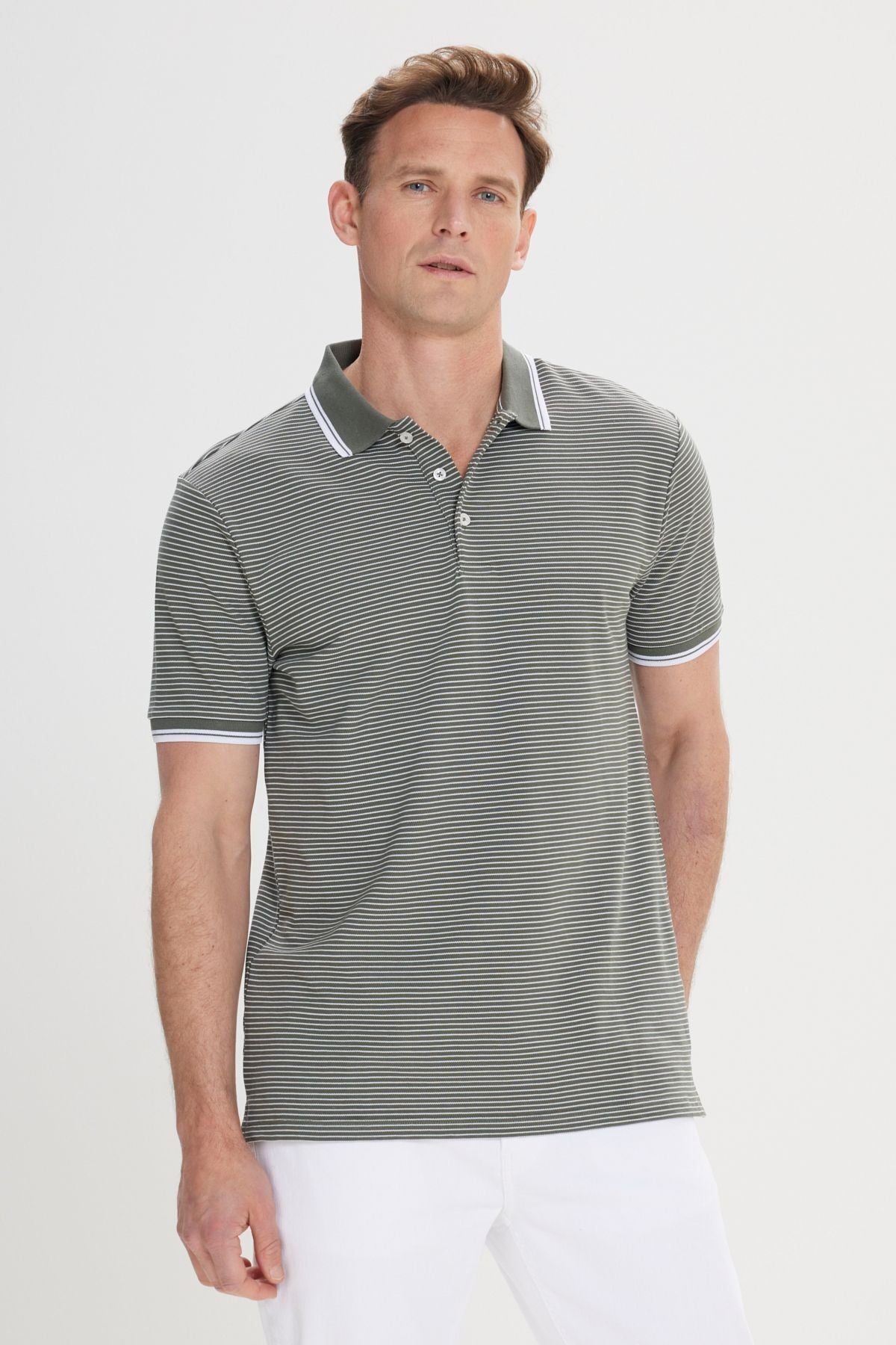 Men's Khaki-White Slim Fit Narrow Cut Cotton striped Polo Yaka T-shirt