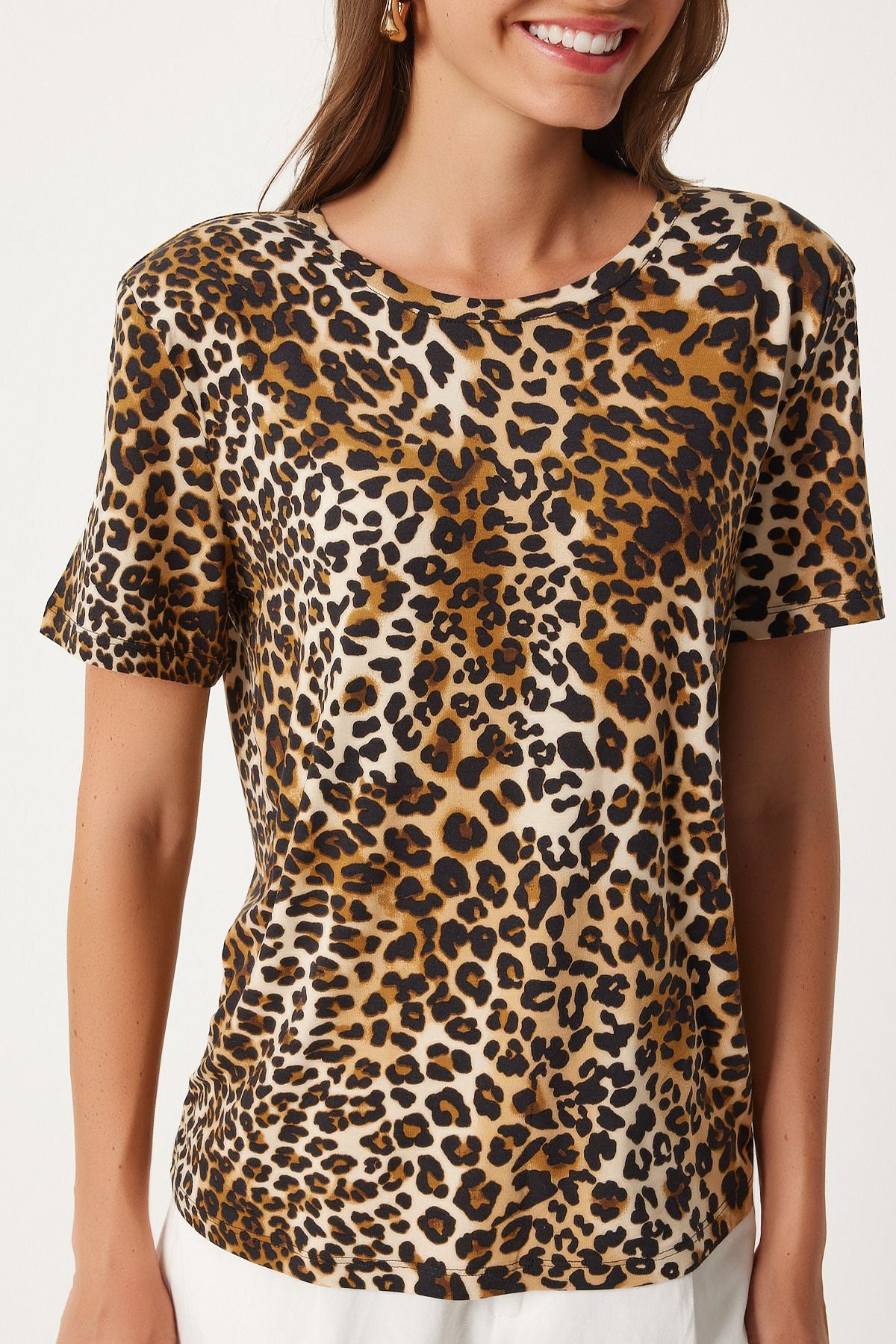 Female Black Beige Leopard Patterned Patterned Knitting Viscose Blouse FN03285