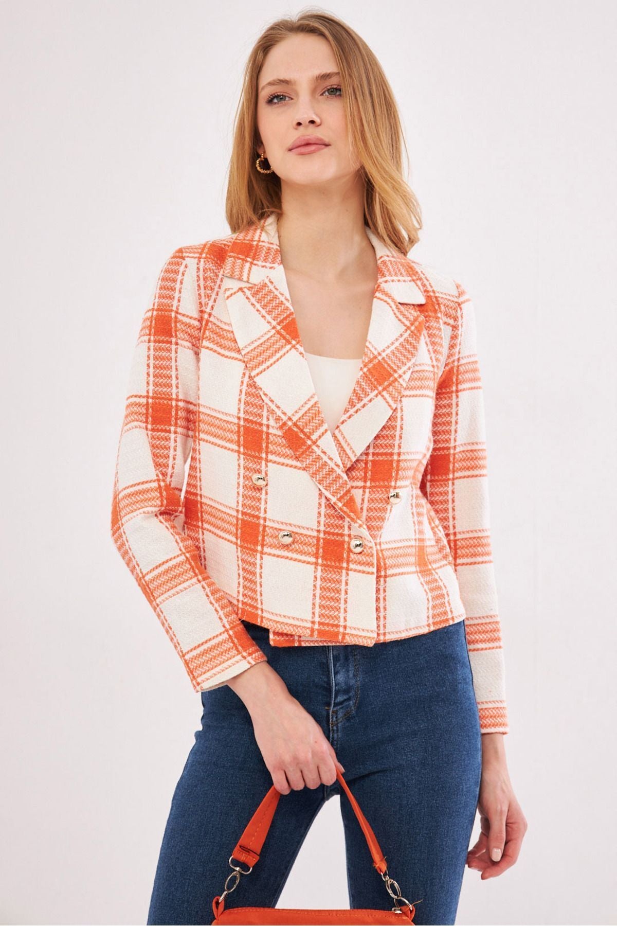 Women's Orange-White Cruishery Yaka Tüvit Crop Jacket ARM-24K001014