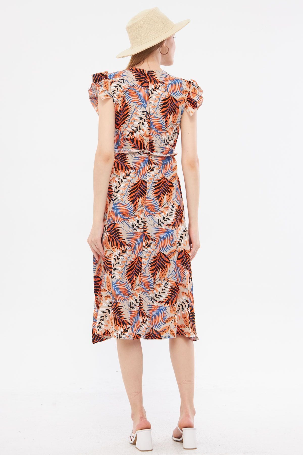 Female Orange Cruve Collar Shoulder Shoulder Suffering Detail Waist Midi Boy Dress ARM-24Y001020