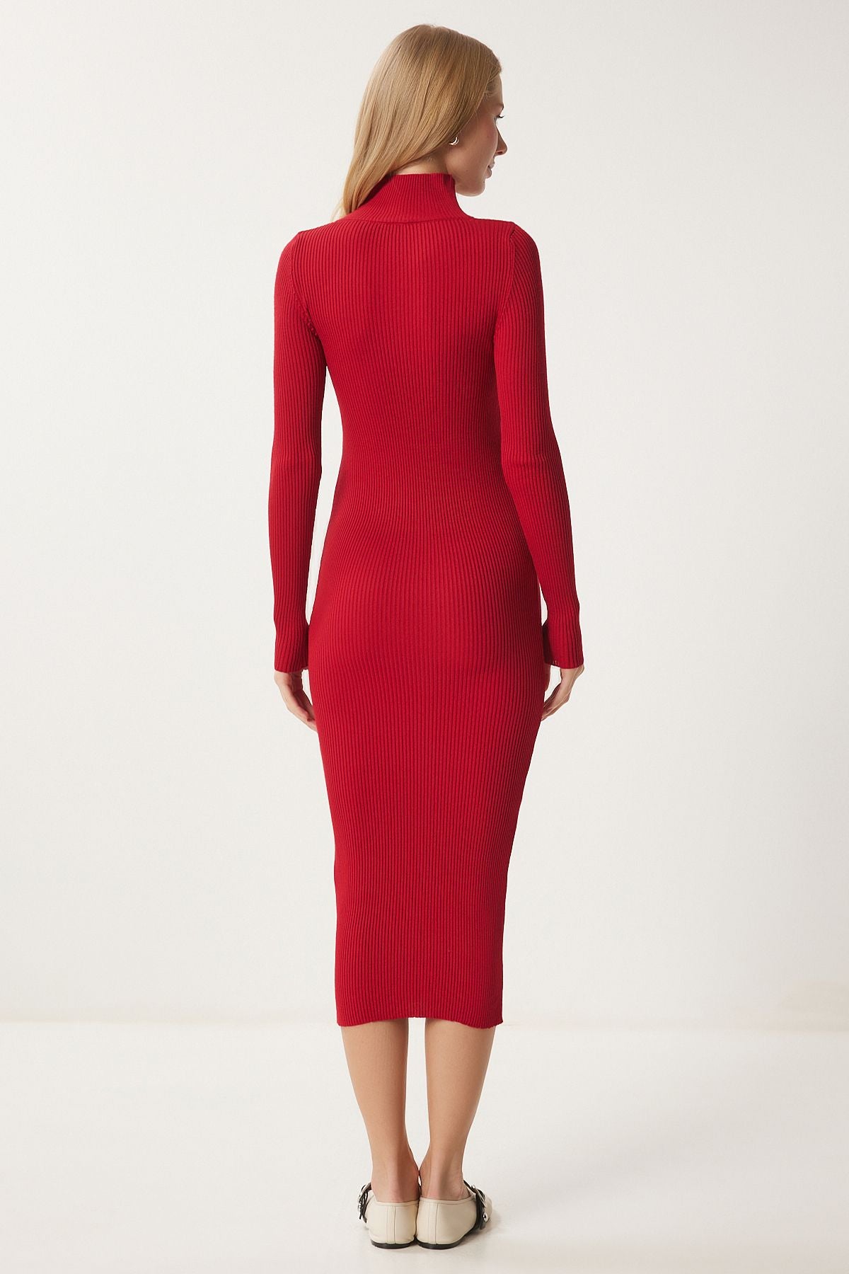 Woman Red Cut Out detailed upright collar wick knitwear dress FN03388
