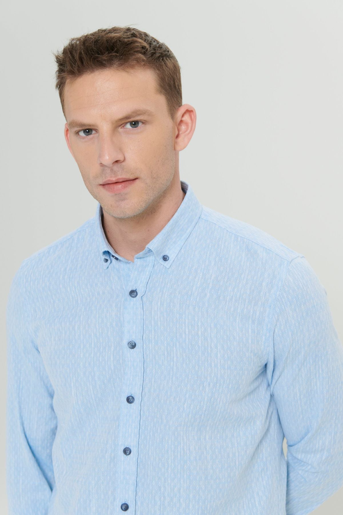 Men's Light Blue Slim Fit Narrow Cutting 100 %Cotton Ameful Buttoned Button Casual Shirt