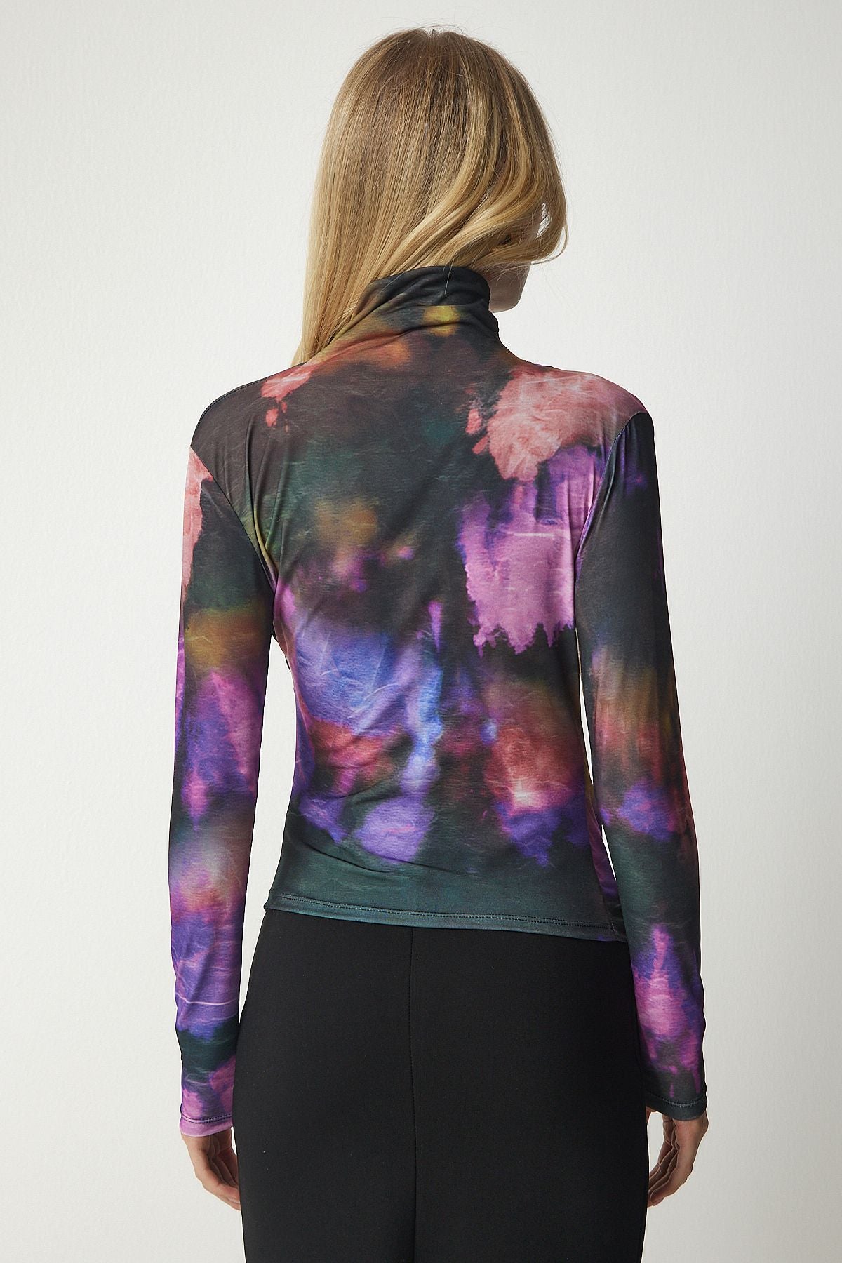 Woman purple black draped upright collar sandy blouse FF00138