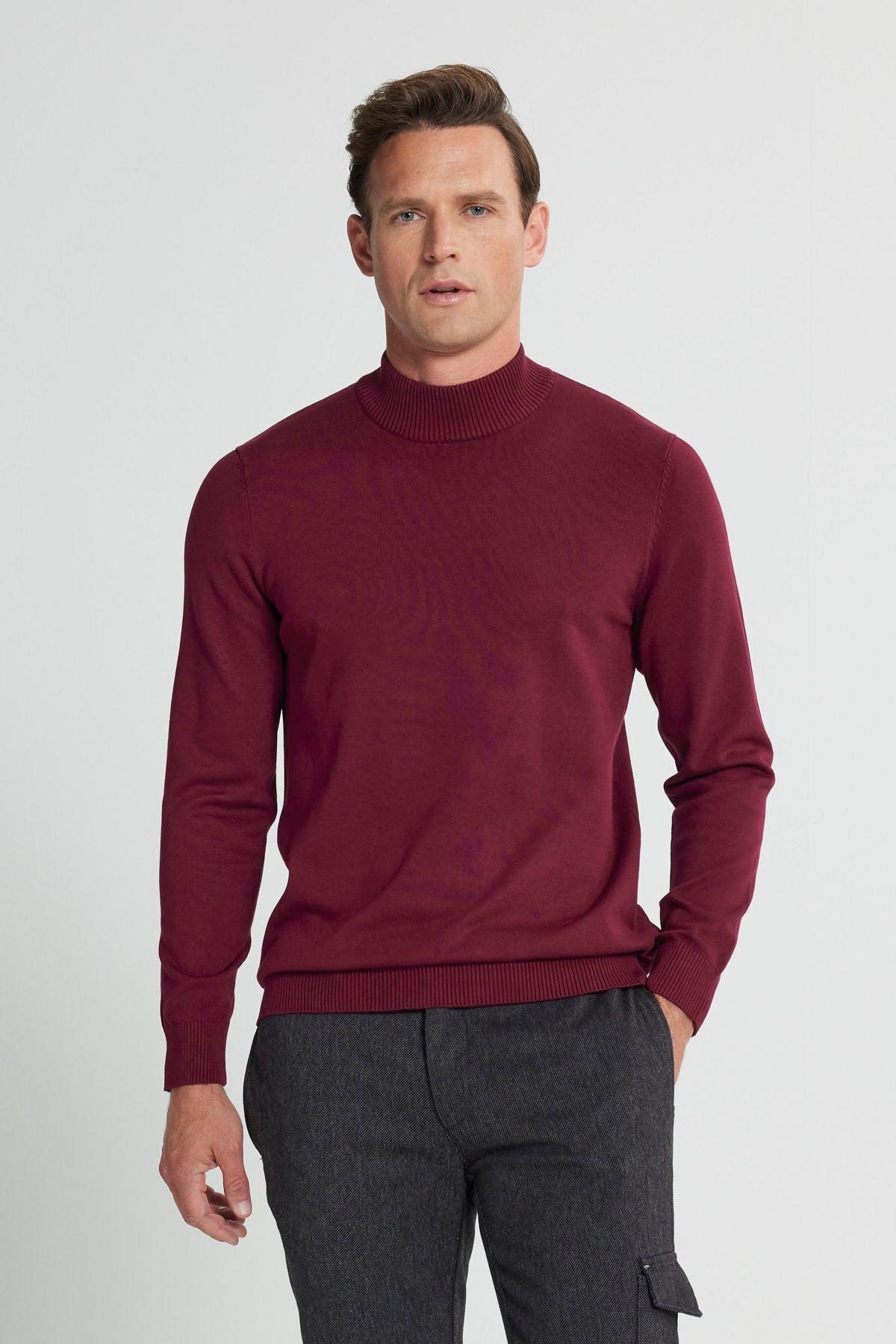 Men's Bordeaux Standard Fit Normal Cut Half Fisherman Yaka knitwear sweater