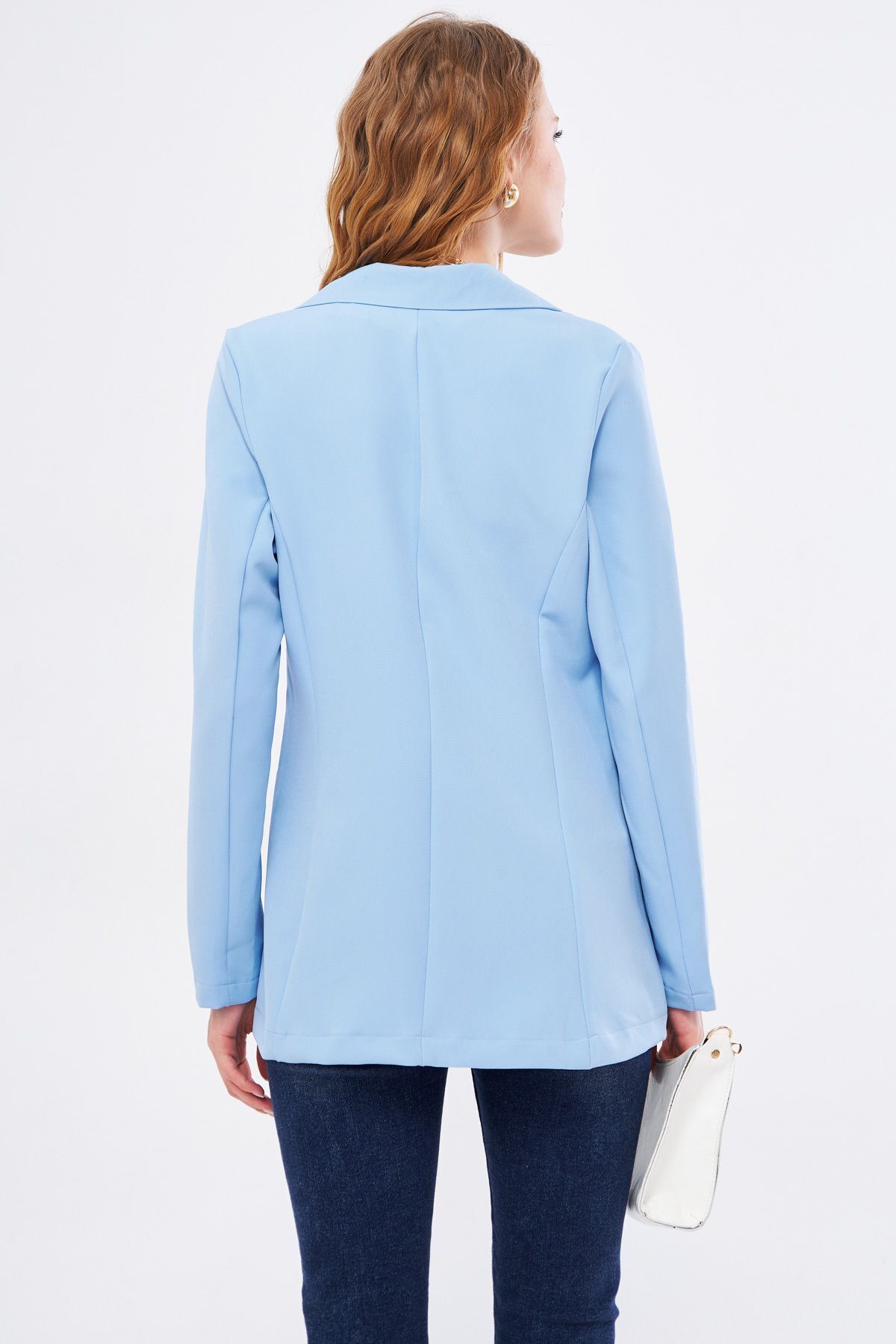 Woman Baby Blue Single Button Blazer Jacket ARM-20K001020