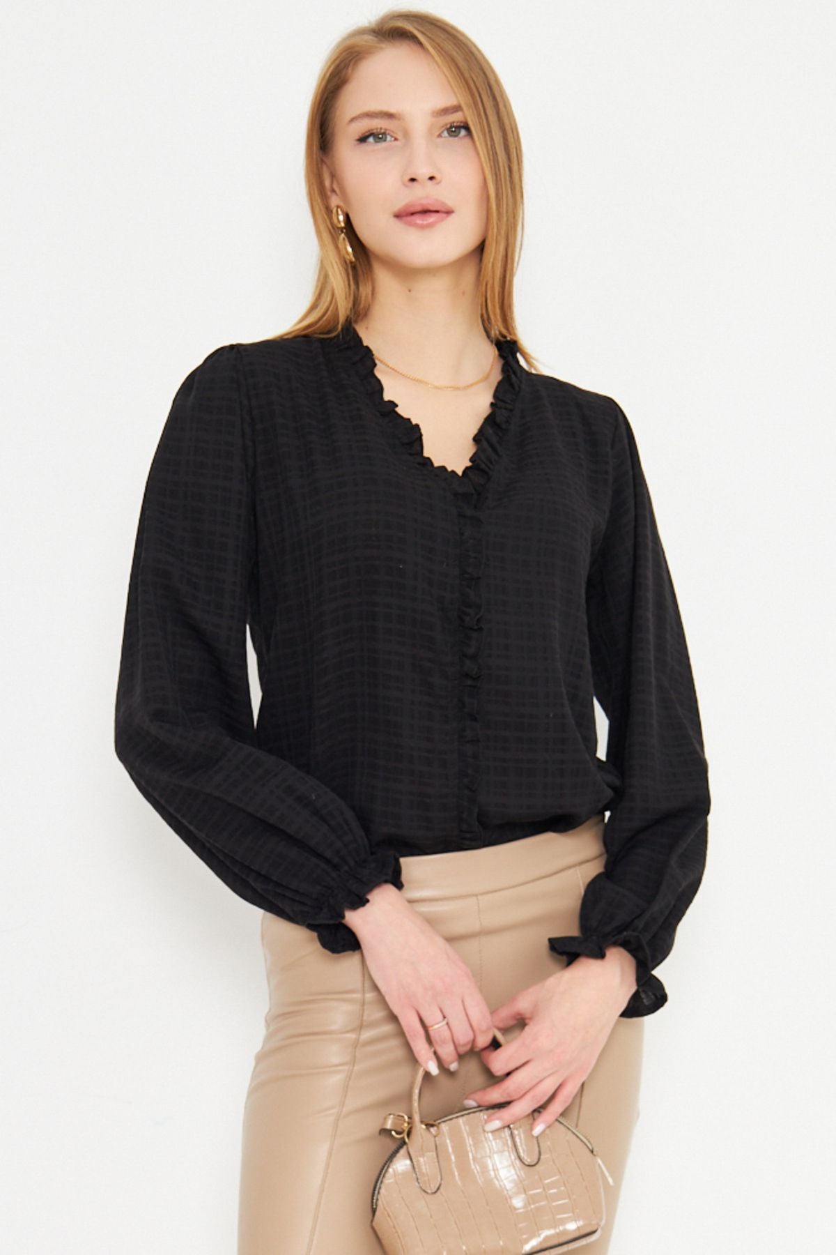Female Black Side and Ruffle Detailed Arms with Tire Long Sleeve Blouse ARM-25K001030