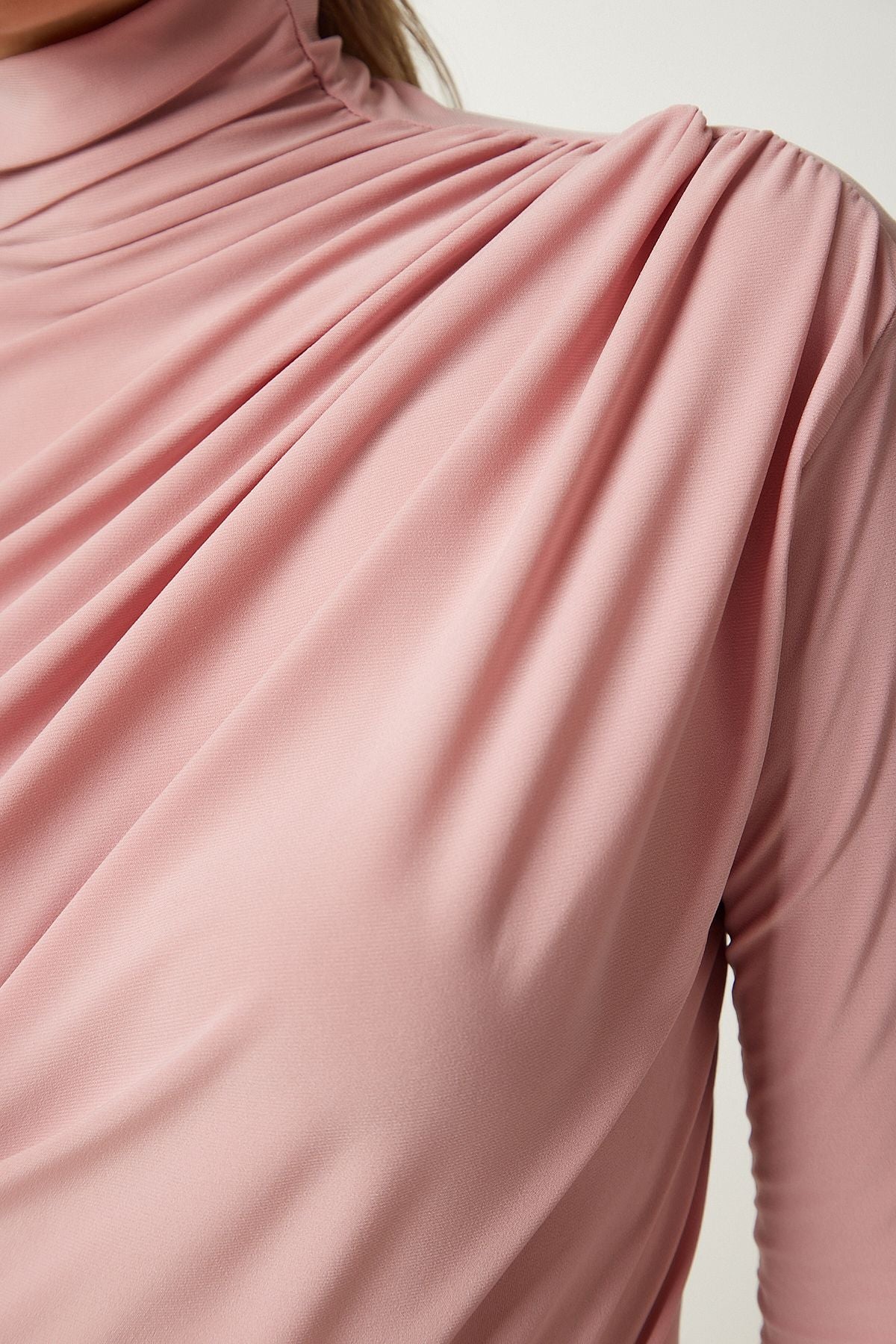 Female powder shirring detailed upright collar sandy blouse FF00135