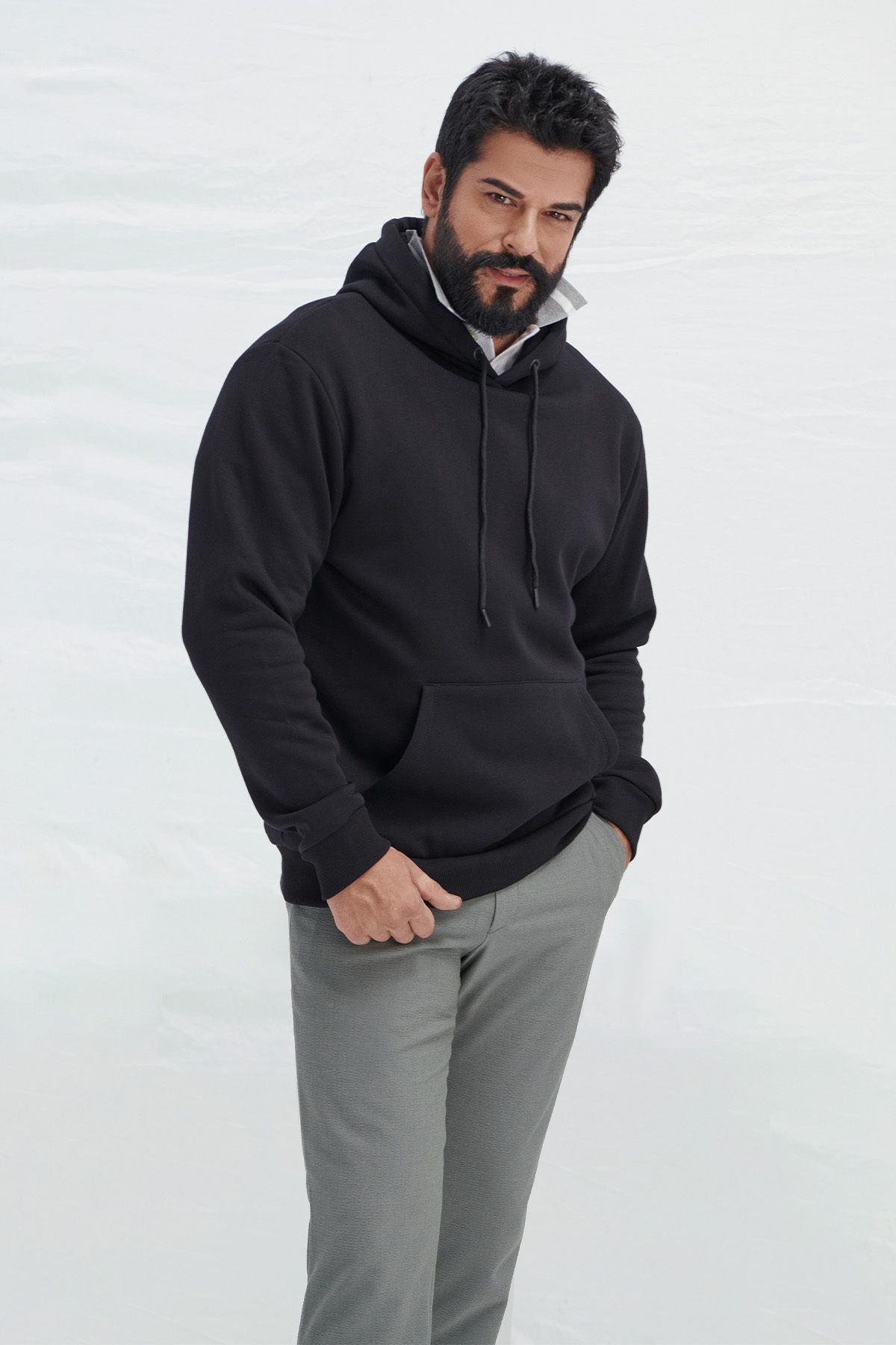 Men's black-and-white 2-pack cotton sweatshirt hooded kangaroo pocket standard fit normal cut