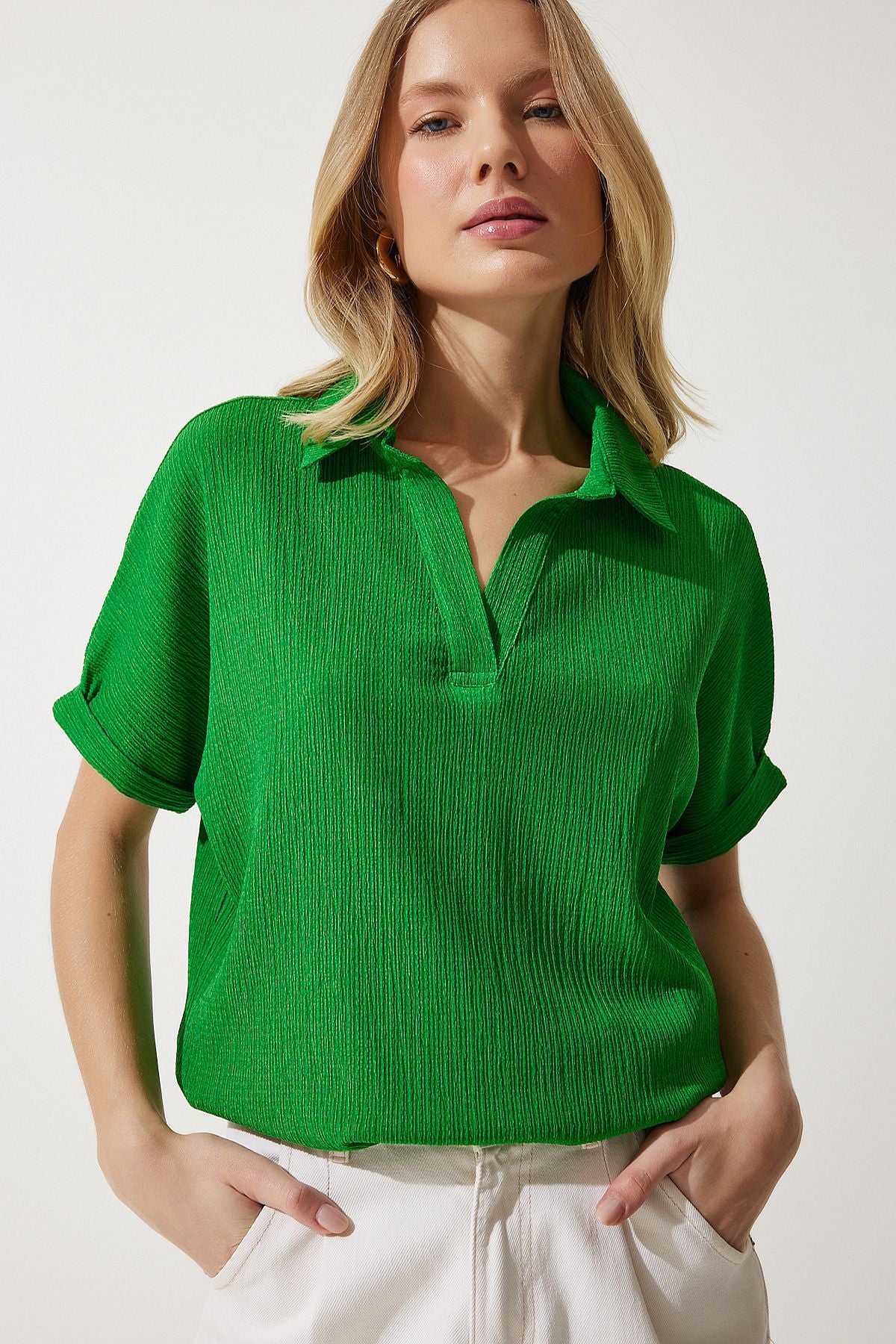 Female green polo collar knitted kinkil blouse DD01299