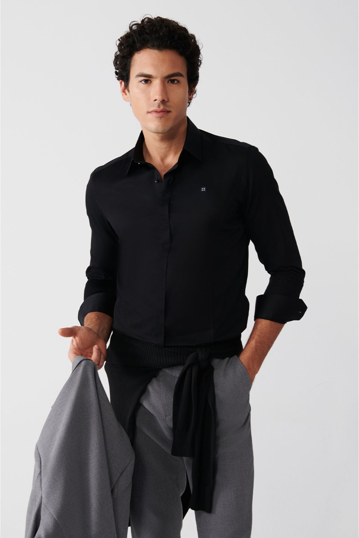 Men's black 100 %cotton classic collar satin shirt B002002