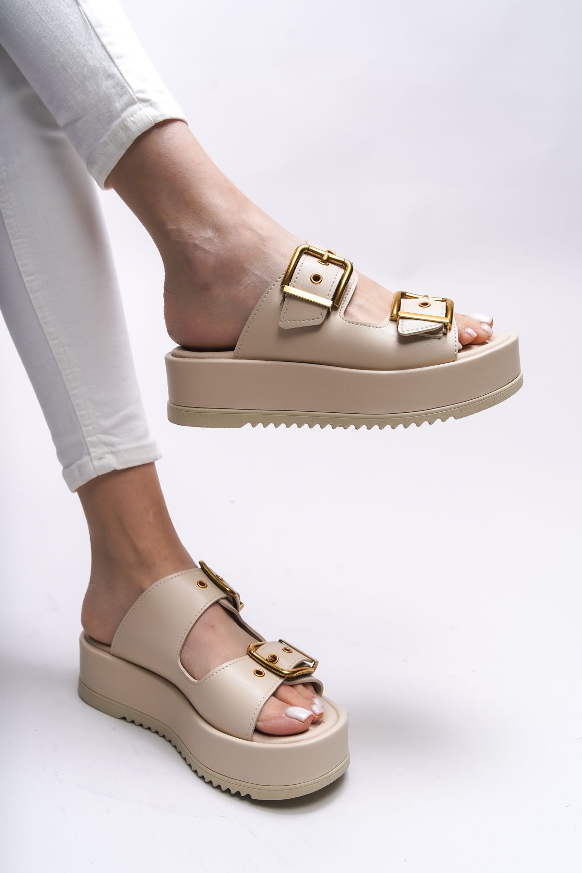 Winledha Woman Double Buckle Slipper 001278 beige skin