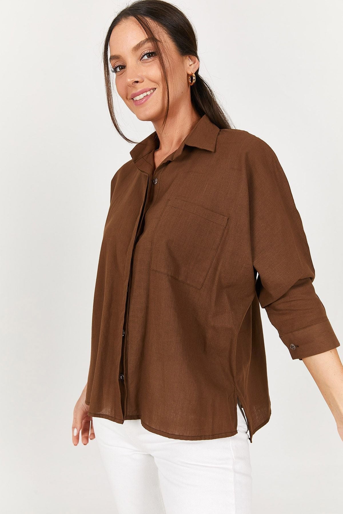 Women's coffee pocket shabby linen shirt ARM-21Y001035