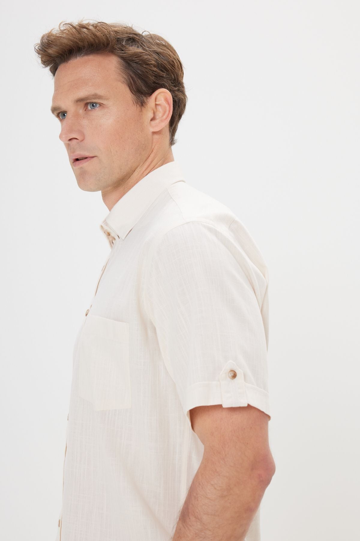 Men's Beige Comfort Fit Casual Cutting Buttoned Neck Linen Looking 100 %Cotton Planned Short Sleeve Shirt
