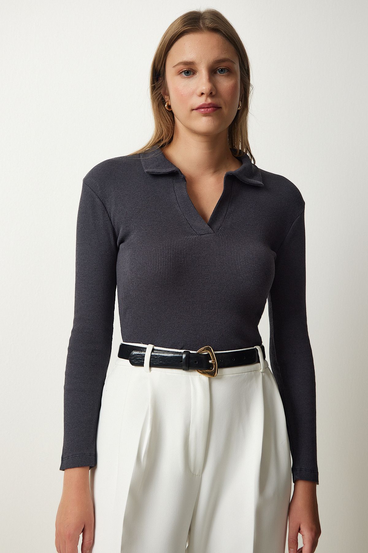 Woman anthracit Polo collar wick knitted blouse GT001111