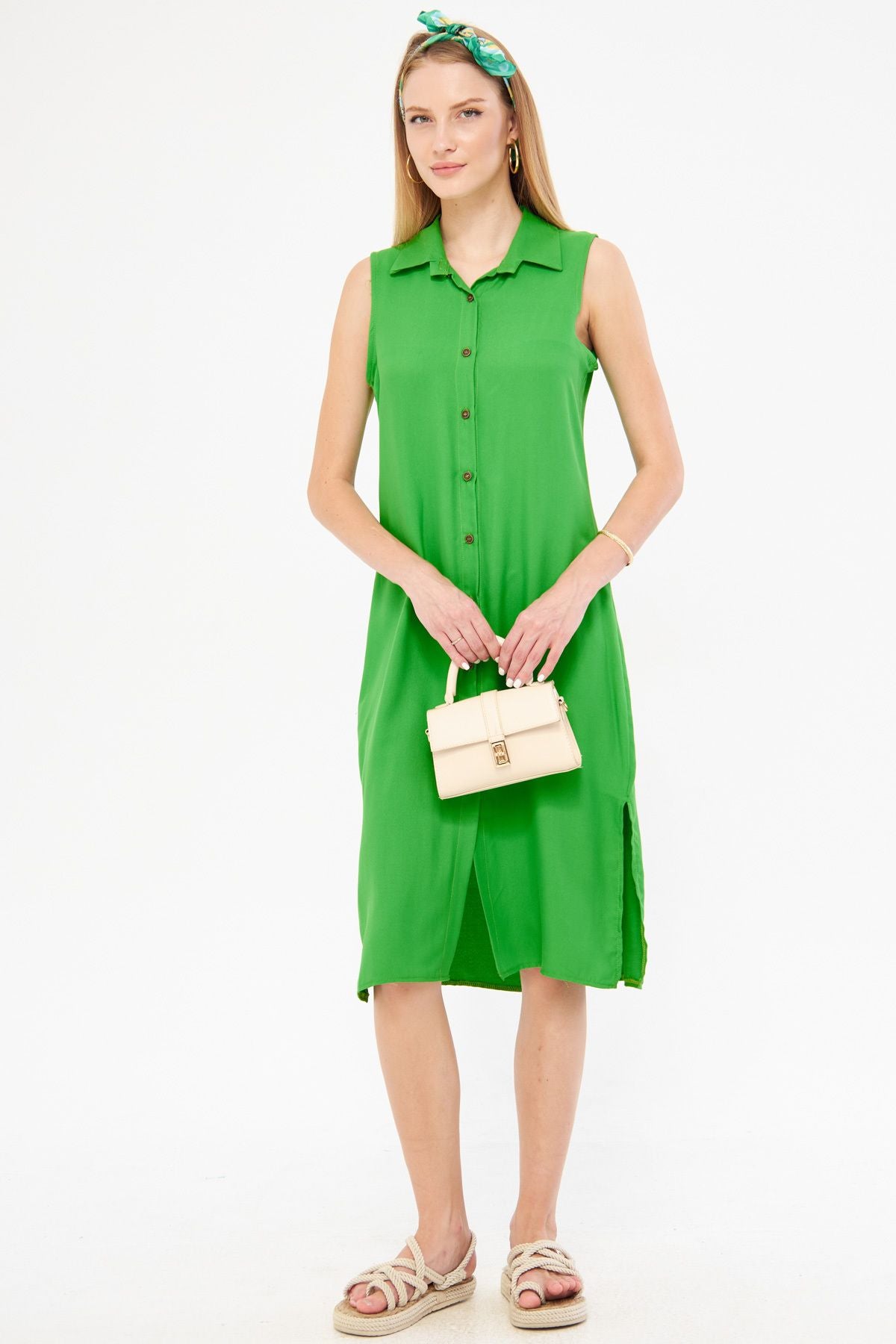 Female Green Collar buttoned dress ARM-17Y00028